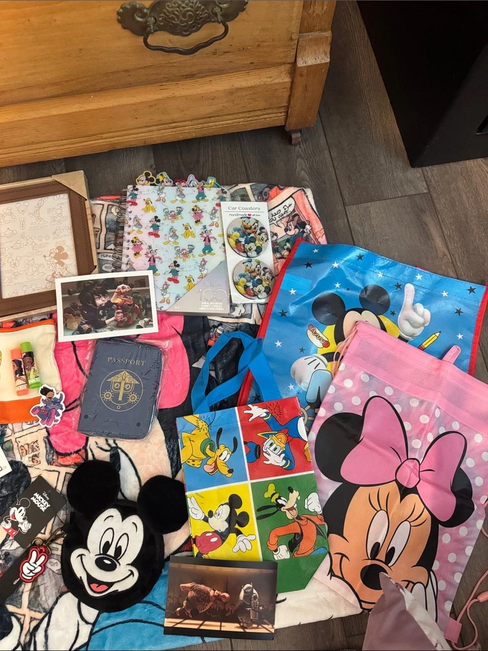 Disney mixed lot picture frame, blanket, shirt, diamond art, totes , passport +